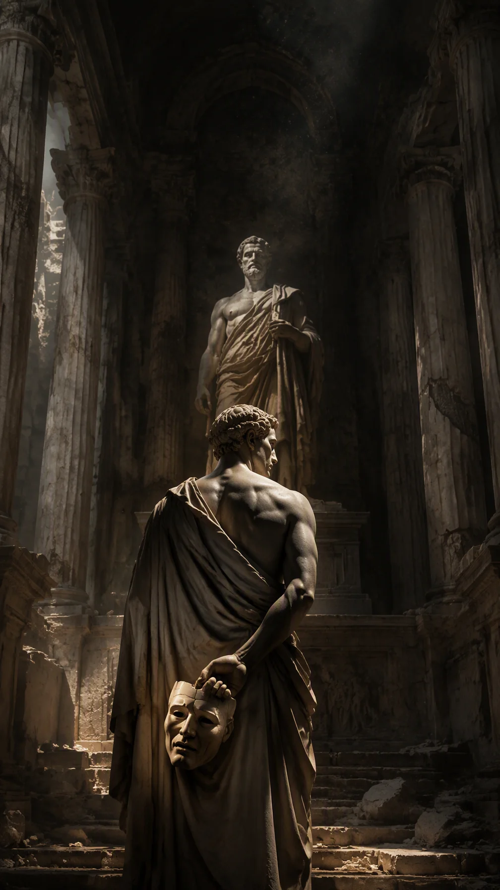 Monumental Classical Marble Sculpture In A Vast Ruined Greek Temple AI Photo Prompt generated preview