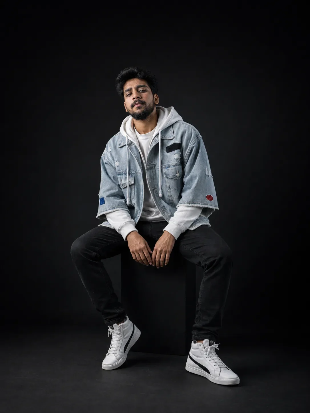 Moody Black Studio Streetwear Portrait Luxury Full-body Editorial Fashion Photography AI Photo Prompt preview example result