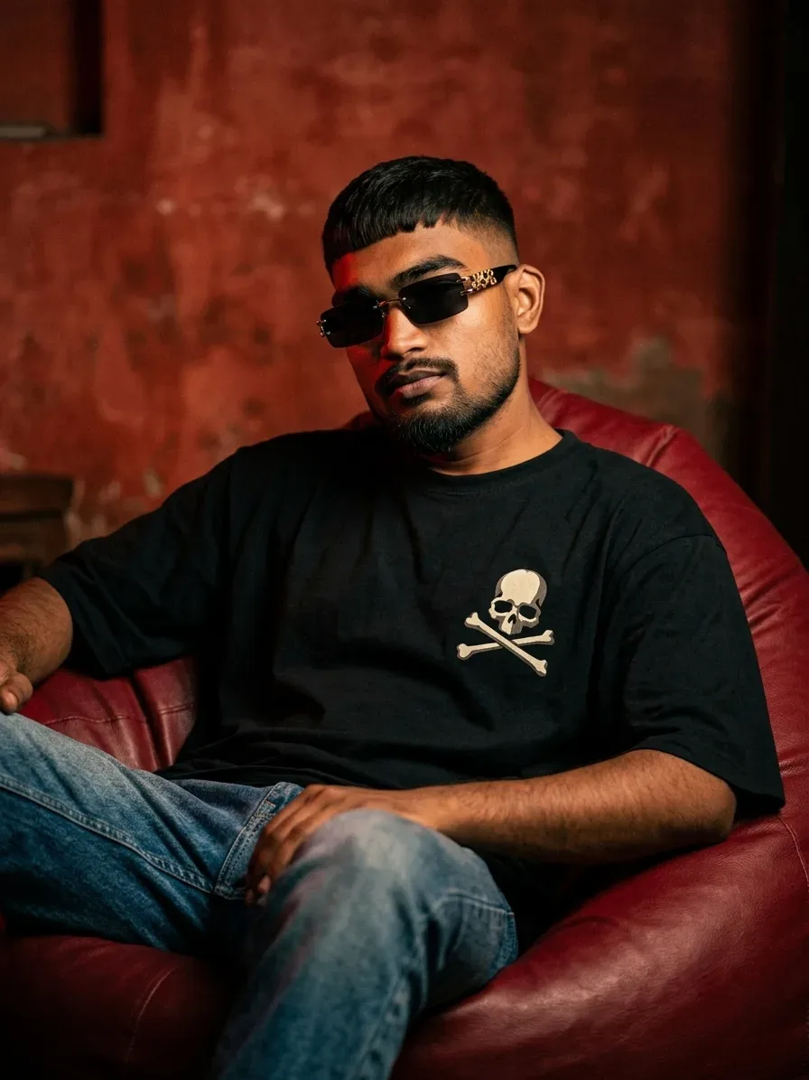 Moody Cinematic Male Portrait On Red Beanbag AI Photo Prompt preview example result