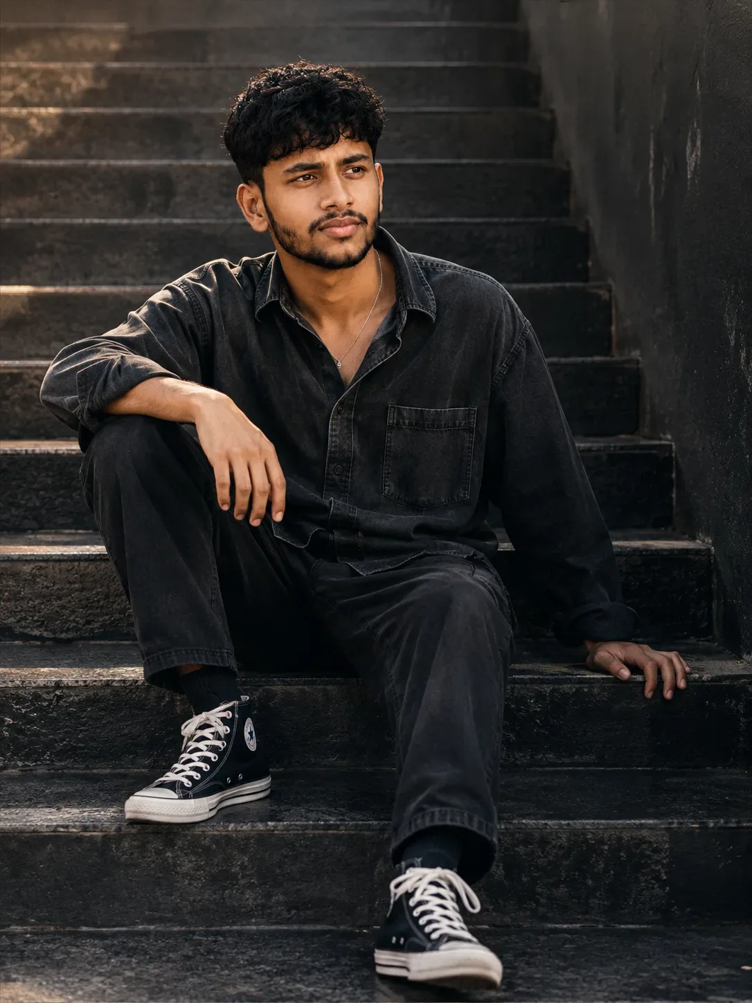 Moody Staircase Portrait AI Photo Prompt preview example result