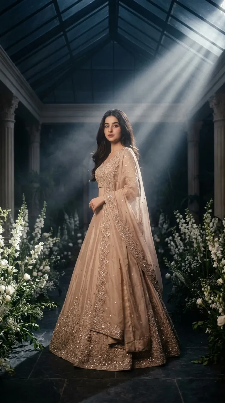 MOONLIT GLASSHOUSE Champagne Rose Lehenga AI Photo Prompt preview example result