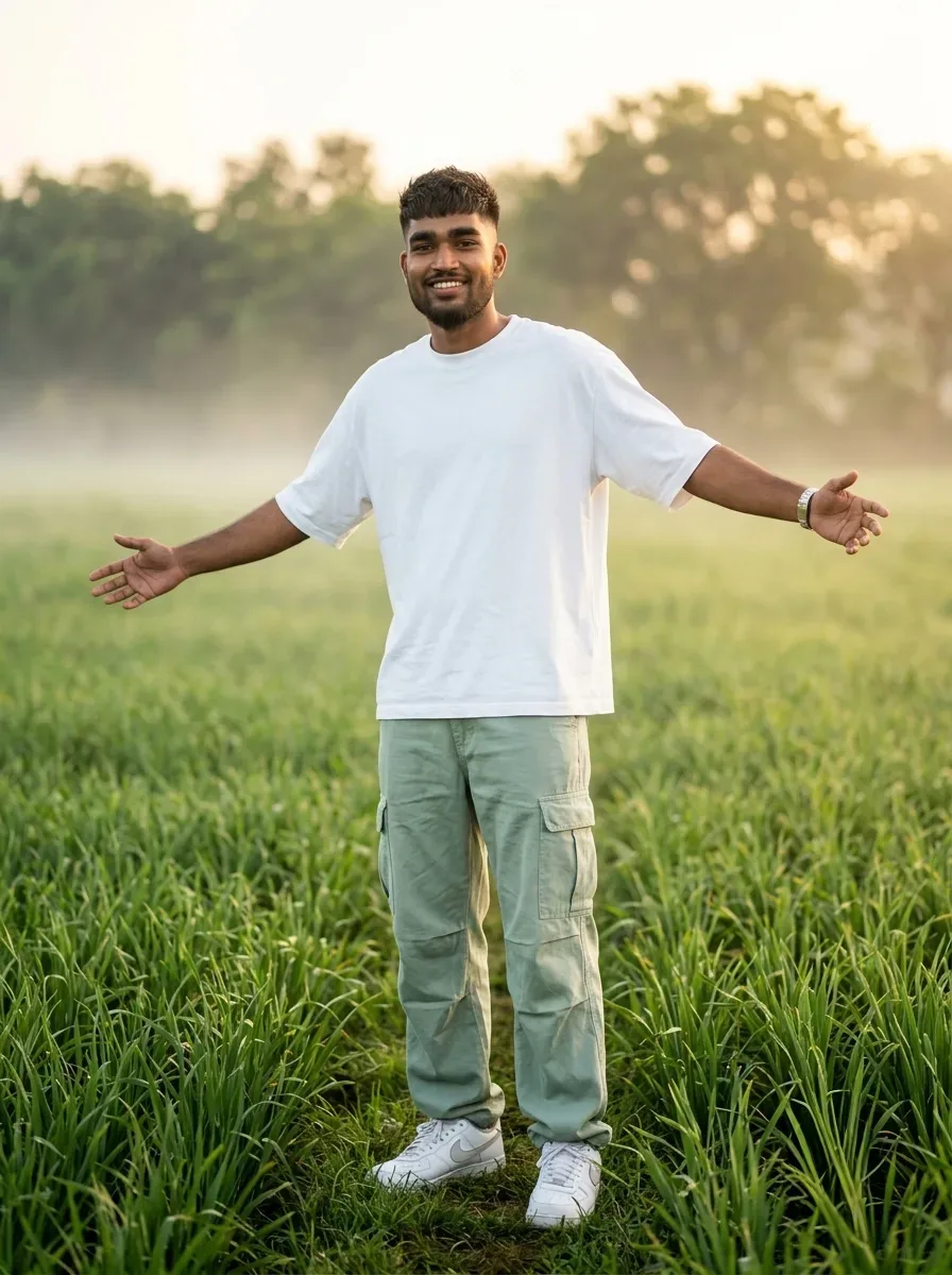 Morning Mist Farm Field Male Full-body Portrait With Open Arms AI Photo Prompt preview example result