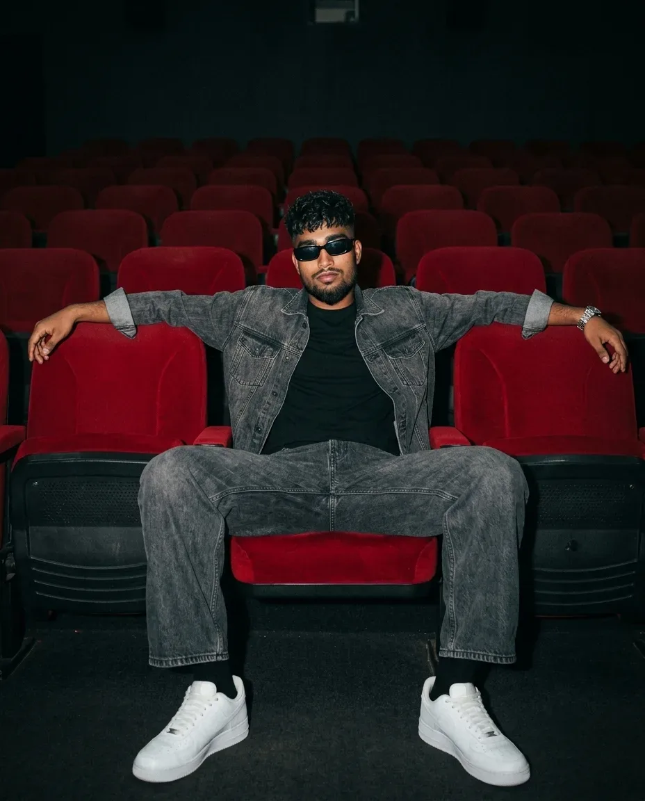 Movie Cinema Theater Male Full-body Portrait In Acid Wash Denim Set AI Photo Prompt preview example result