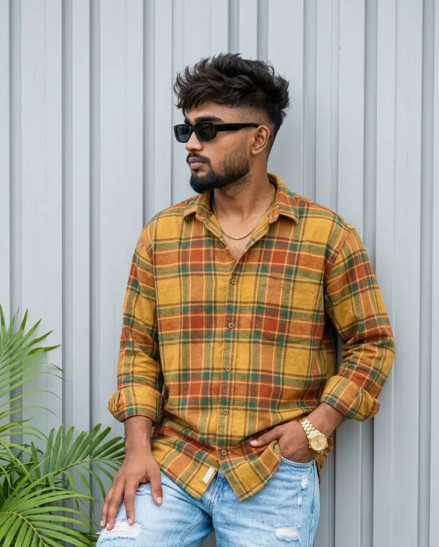 Mustard Yellow Plaid Flannel Male Portrait Leaning Against Corrugated Wall AI Photo Prompt preview example result