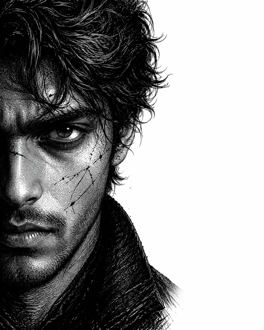 Neo-Noir Ink Engraving Portrait AI Prompt | Cinematic Black & White Assassin Illustration preview example result