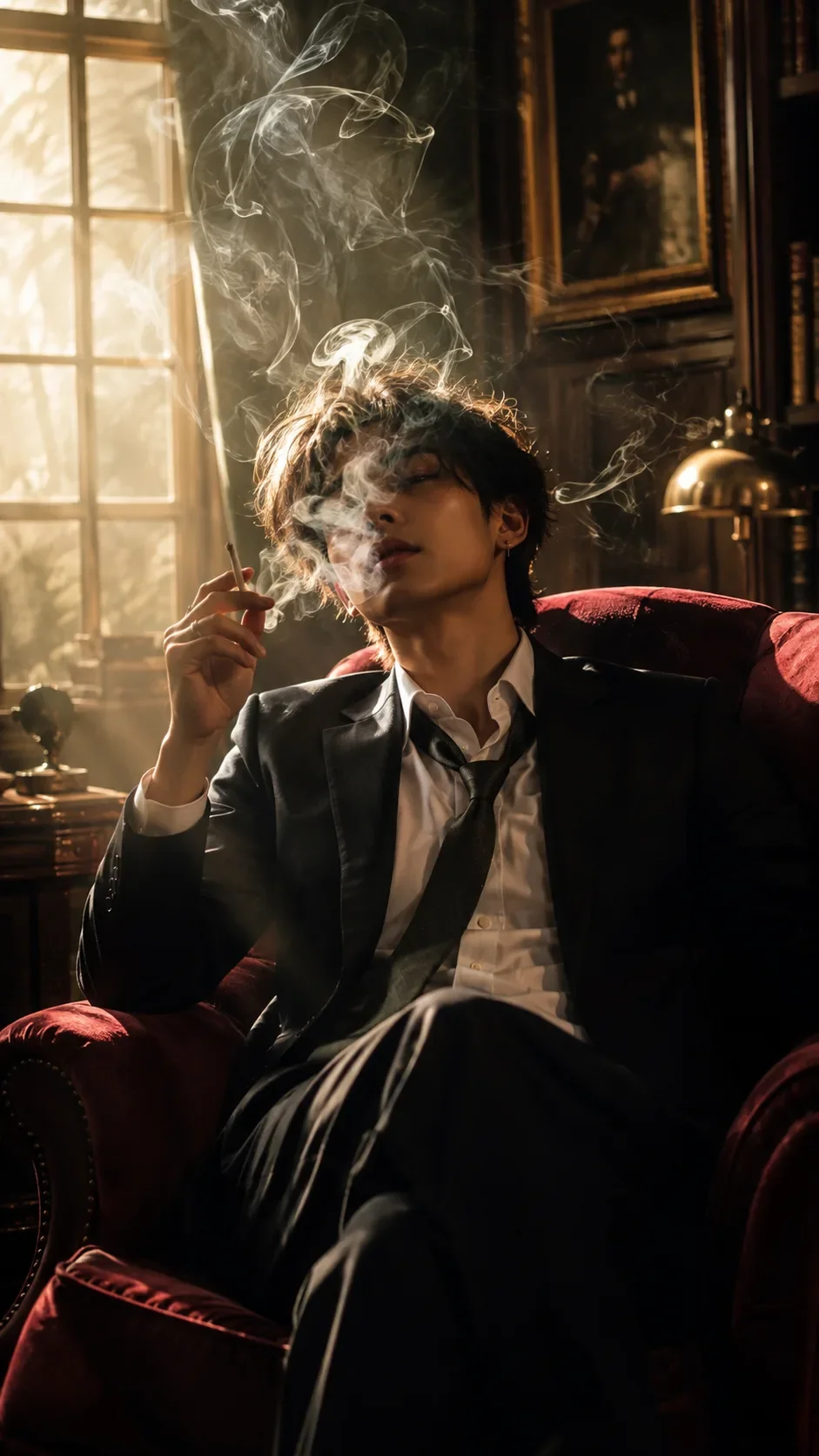Neo-noir Smoking Portrait Cinematic Chiaroscuro Editorial Study Photography AI Photo Prompt preview example result