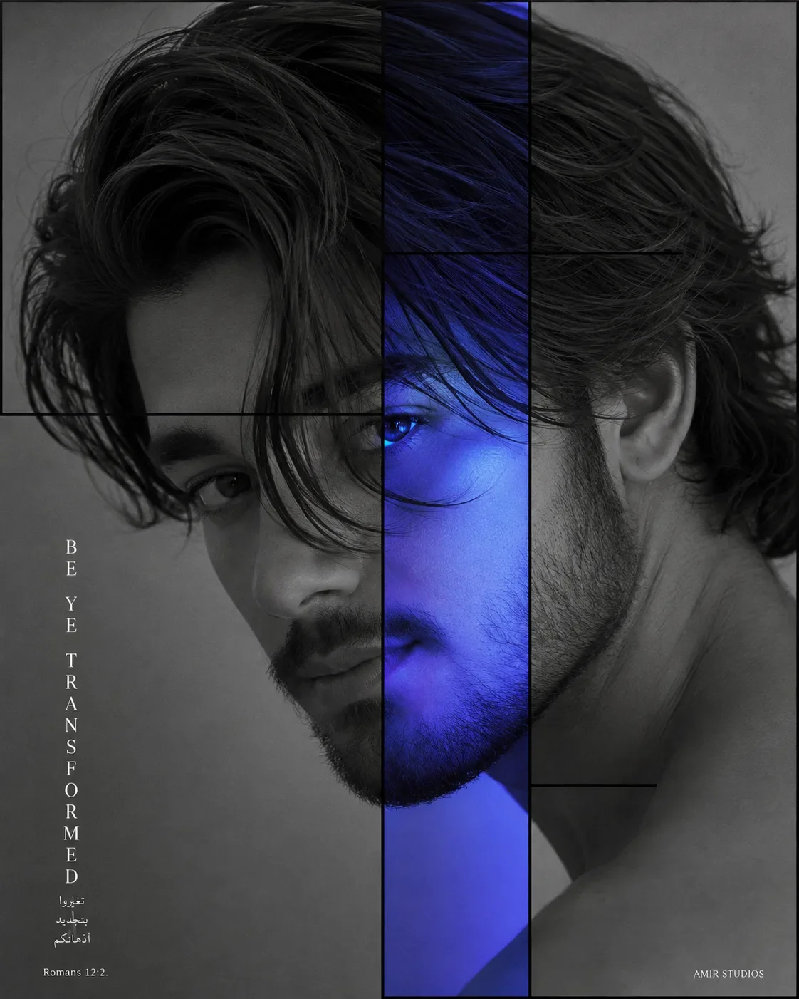 Neon Blue Grayscale Portrait Poster AI Photo Prompt preview example result