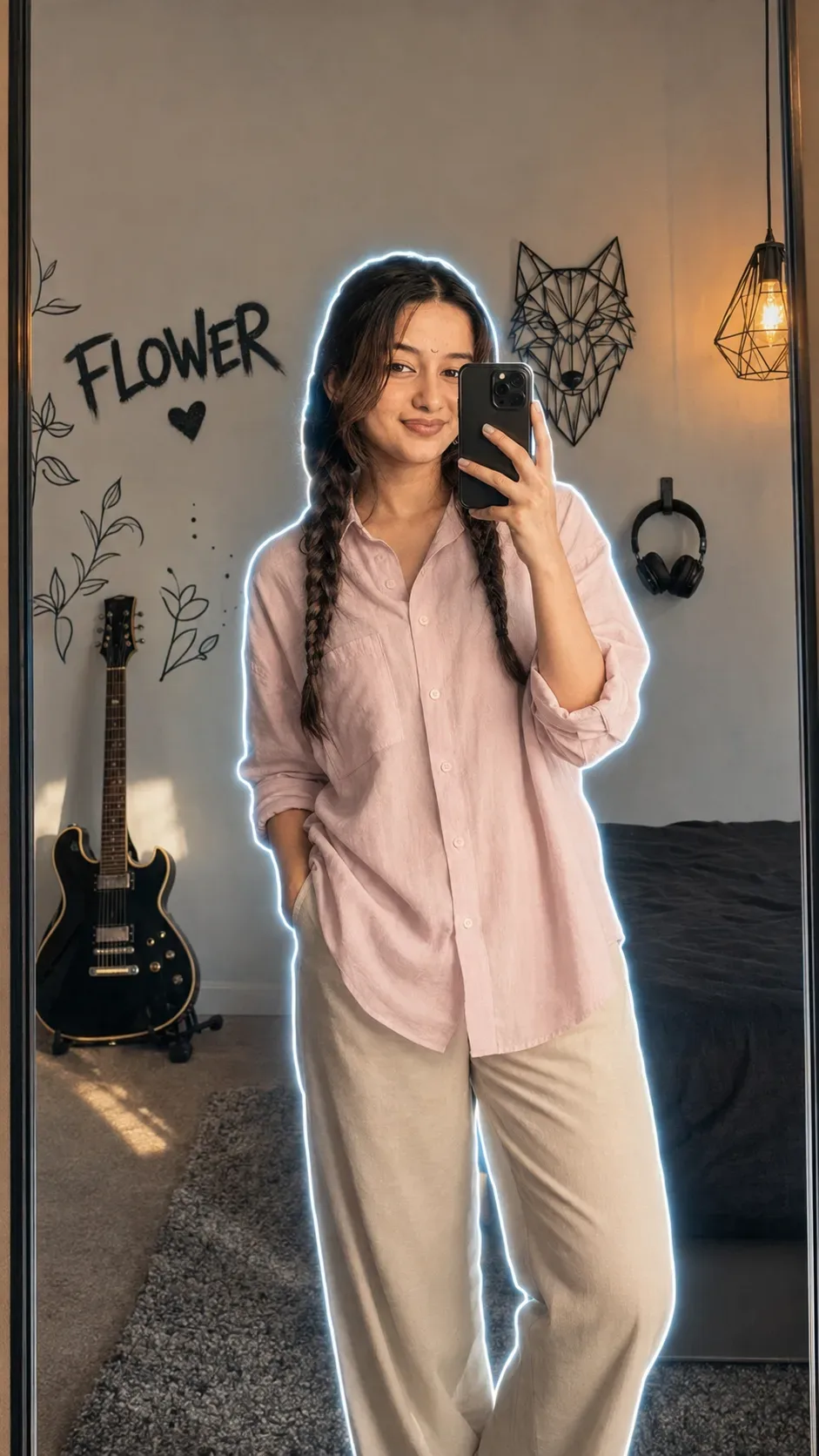 Neon-outlined Bedroom Mirror Selfie AI Photo Prompt preview example result