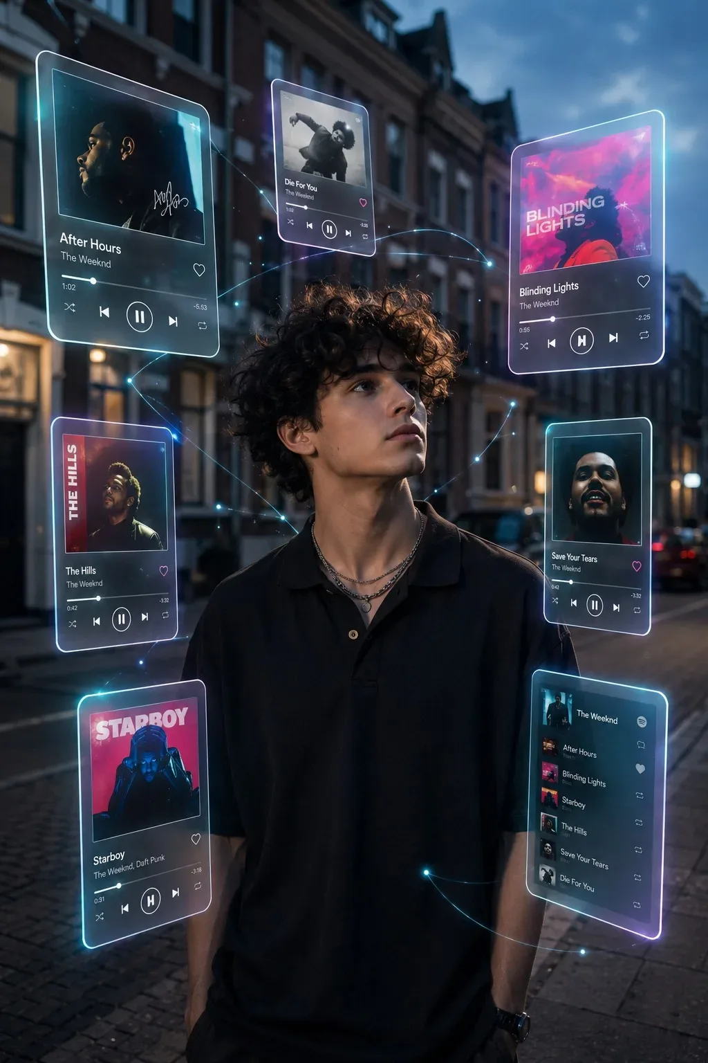 Neon Playlist Reality Futuristic Floating Music Interface Portrait AI Photo Prompt preview example result