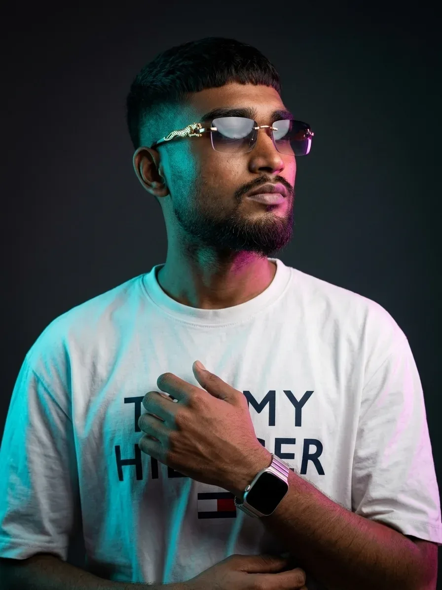 Neon Rim Light Male Studio Portrait With Rimless Sunglasses AI Photo Prompt preview example result