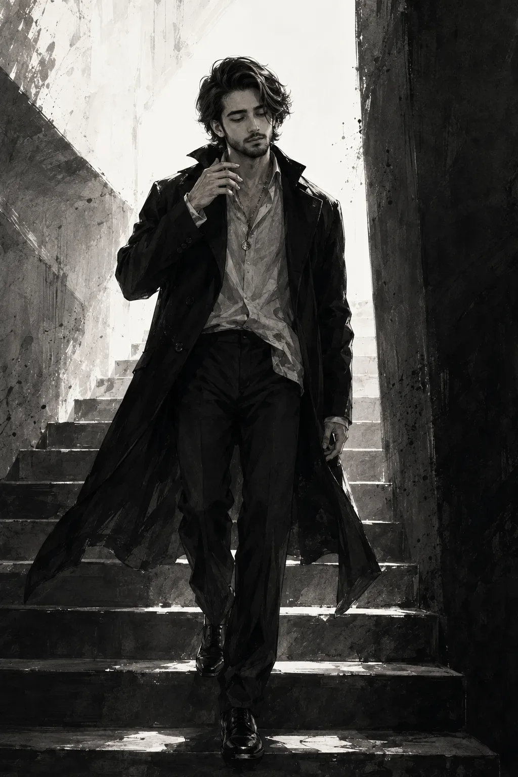 Noir Descent: The Stylish Stairwell Wanderer AI Photo Prompt preview example result
