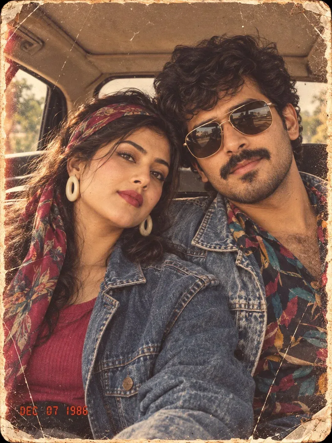 Nostalgic 1980s Retro Couple Portrait Inside Vintage Car In Matching Denim Jackets AI Photo Prompt preview example result