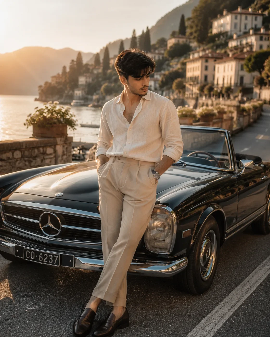 Old Money European Luxury Travel AI Prompt | Vintage Convertible Editorial Portrait preview example result