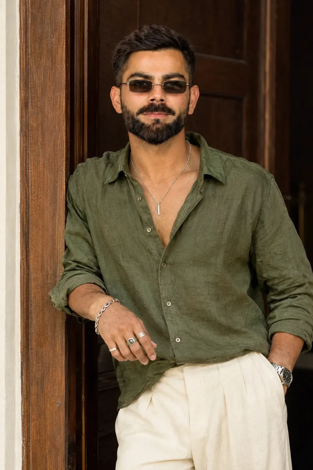 Olive Green Luxe: Timeless Doorway Portrait AI Photo Prompt preview example result