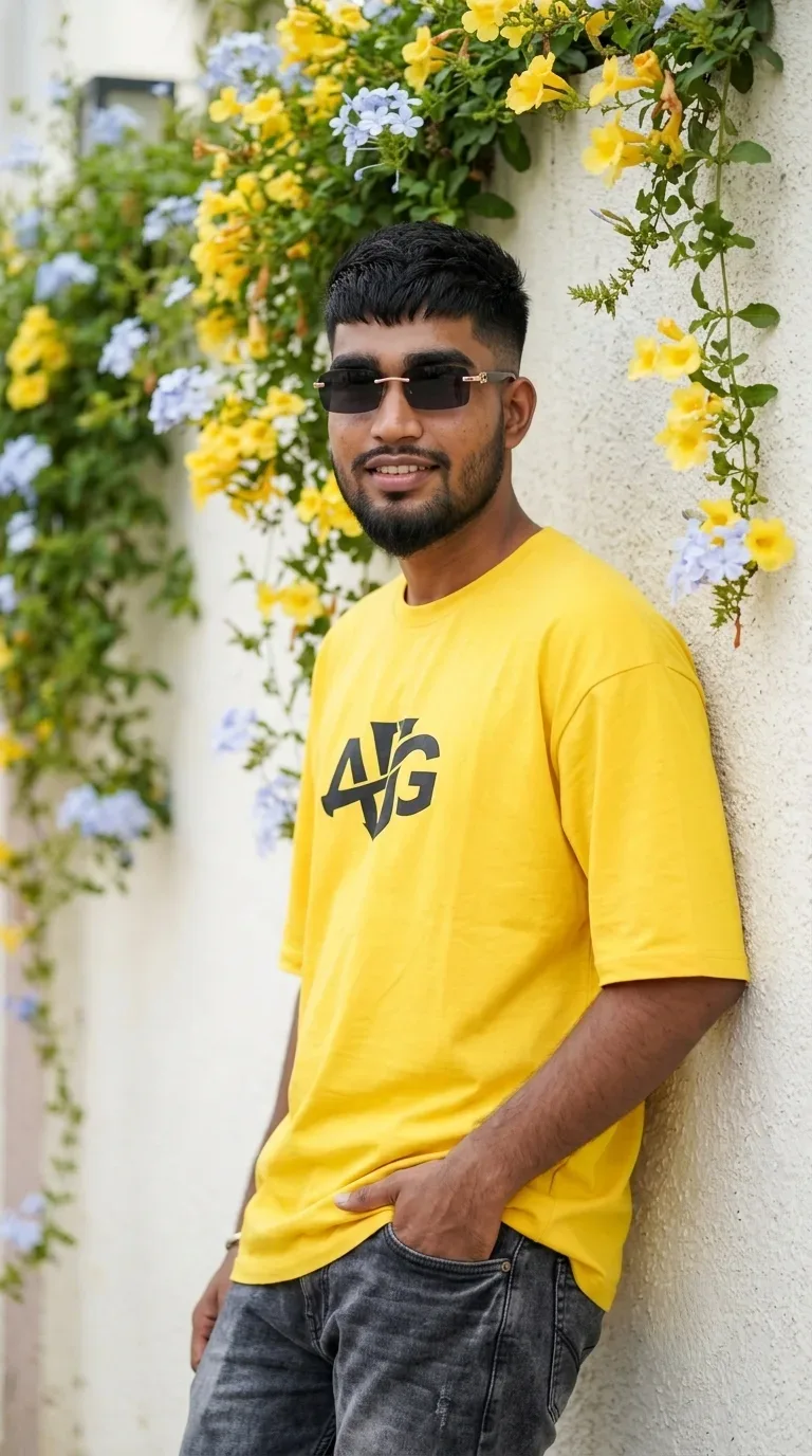 Outdoor Floral Wall Male Portrait In Yellow Graphic Tee & Frameless Shades AI Photo Prompt preview example result
