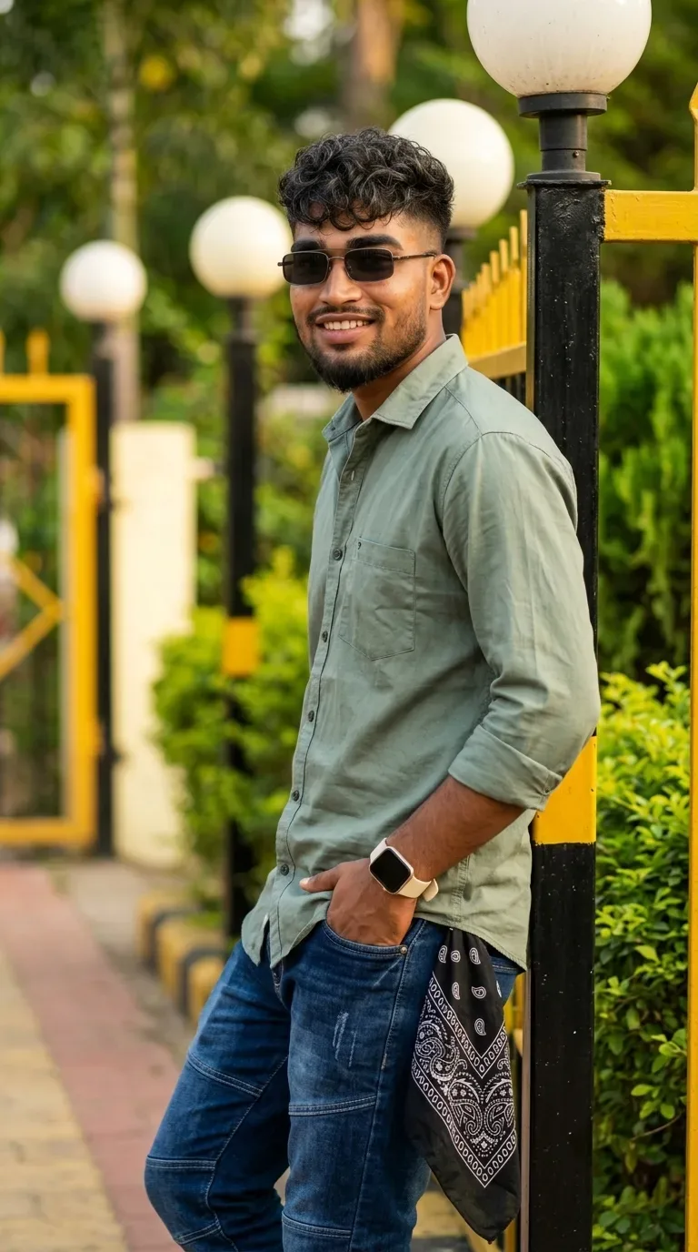 Outdoor Golden-hour Male Portrait Leaning On Lamp Post Gate In Olive Shirt AI Photo Prompt preview example result