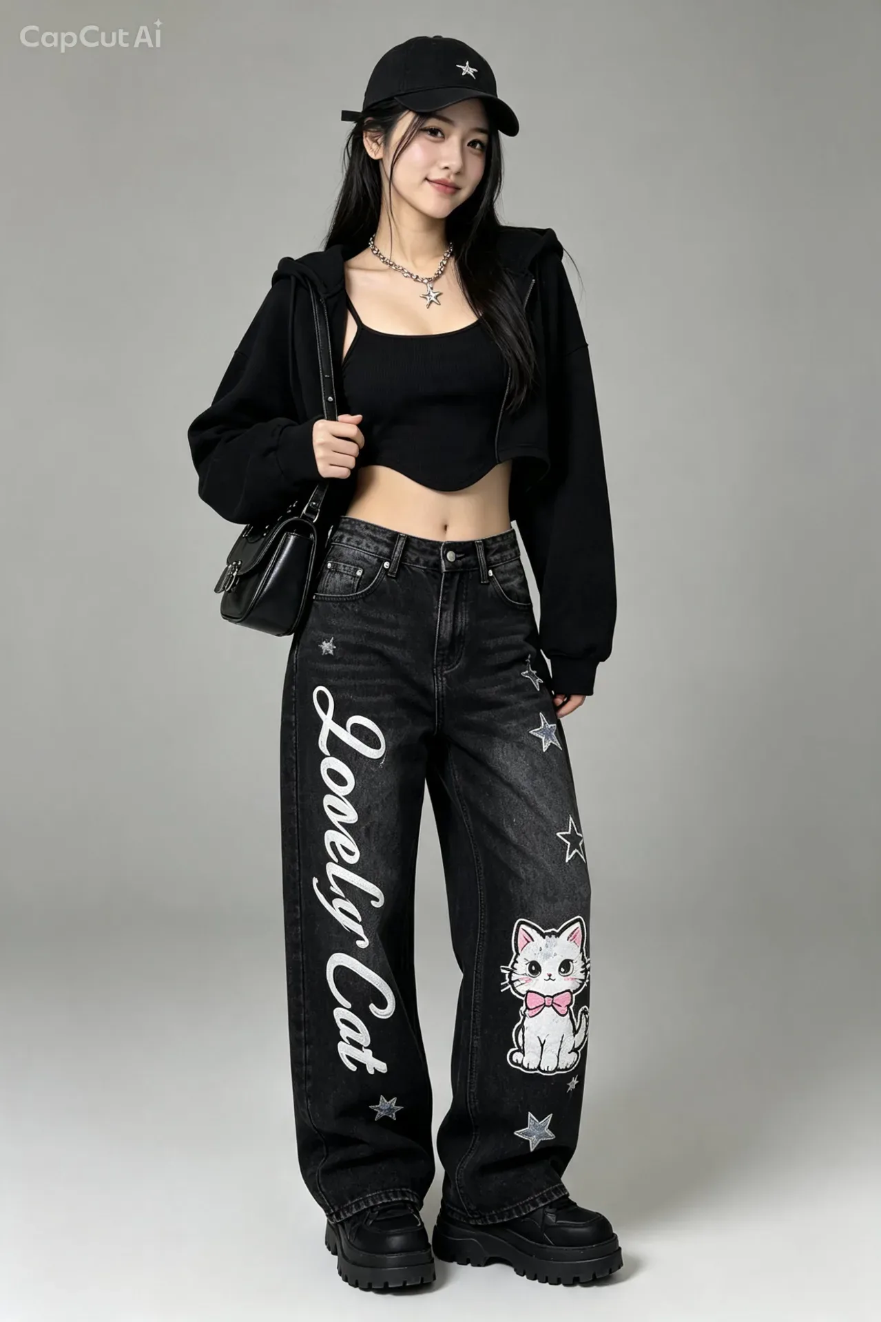 Oversized Cropped Hoodie And Graphic "lovely Cat" Denim AI Photo Prompt preview example result