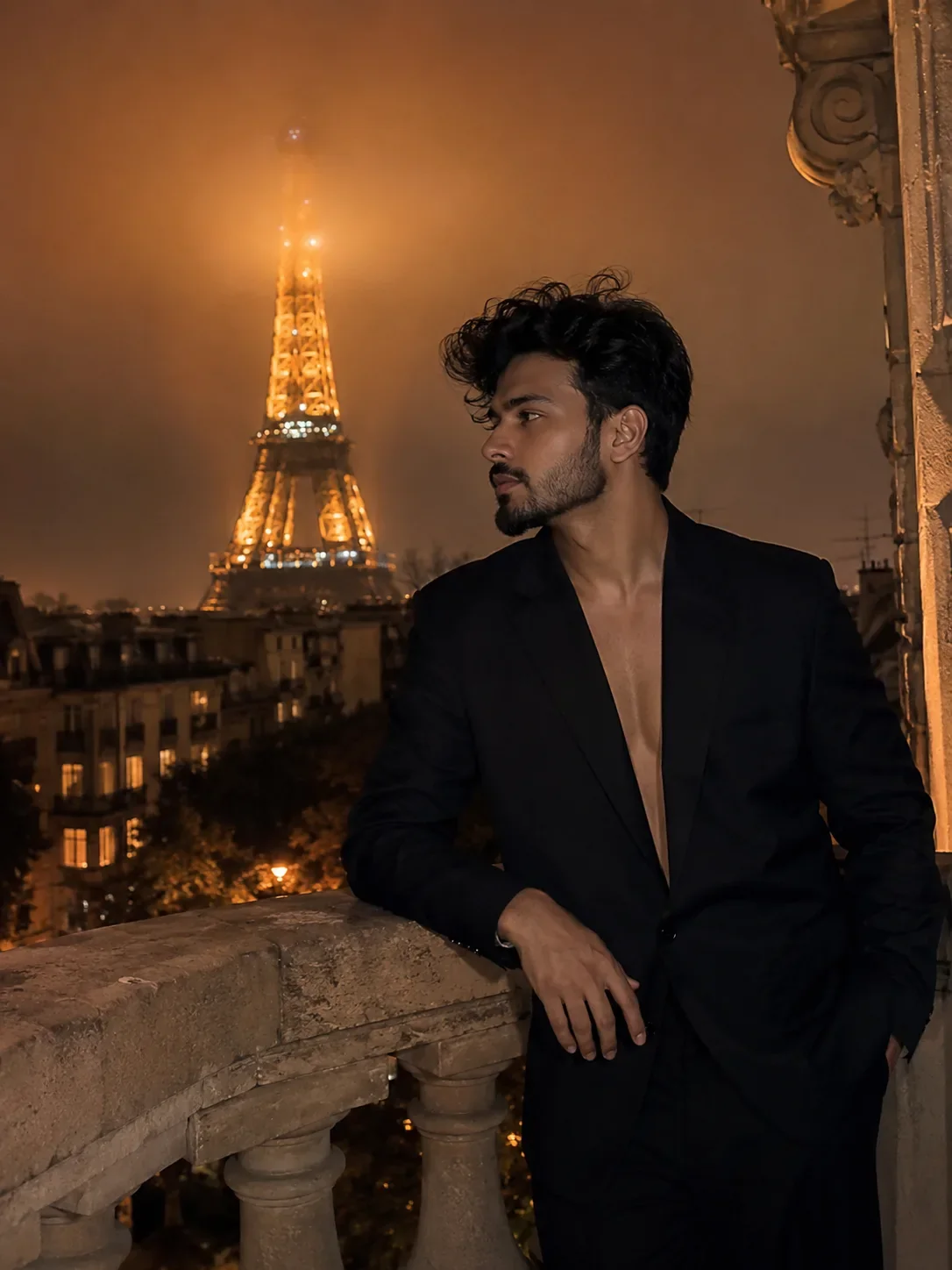 Paris Night Balcony Portrait AI Prompt | Cinematic Eiffel Tower Luxury Editorial Photography preview example result