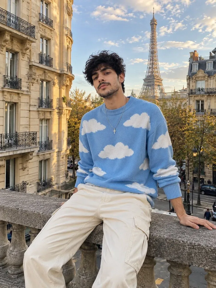 Parisian Balcony Male Portrait In Sky Blue Cloud Sweater & Eiffel Tower AI Photo Prompt preview example result