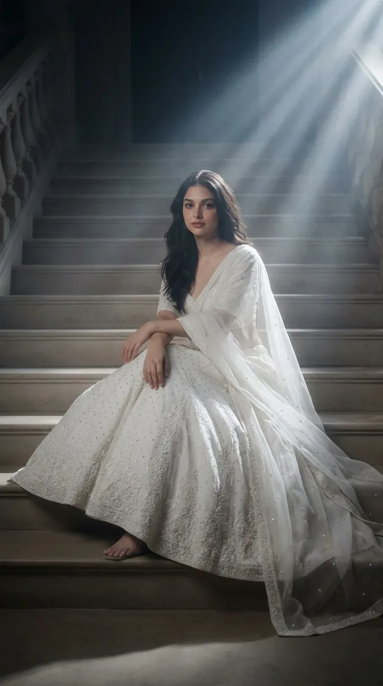 PEARL STAIRCASE White Crystal Lehenga AI Photo Prompt preview example result