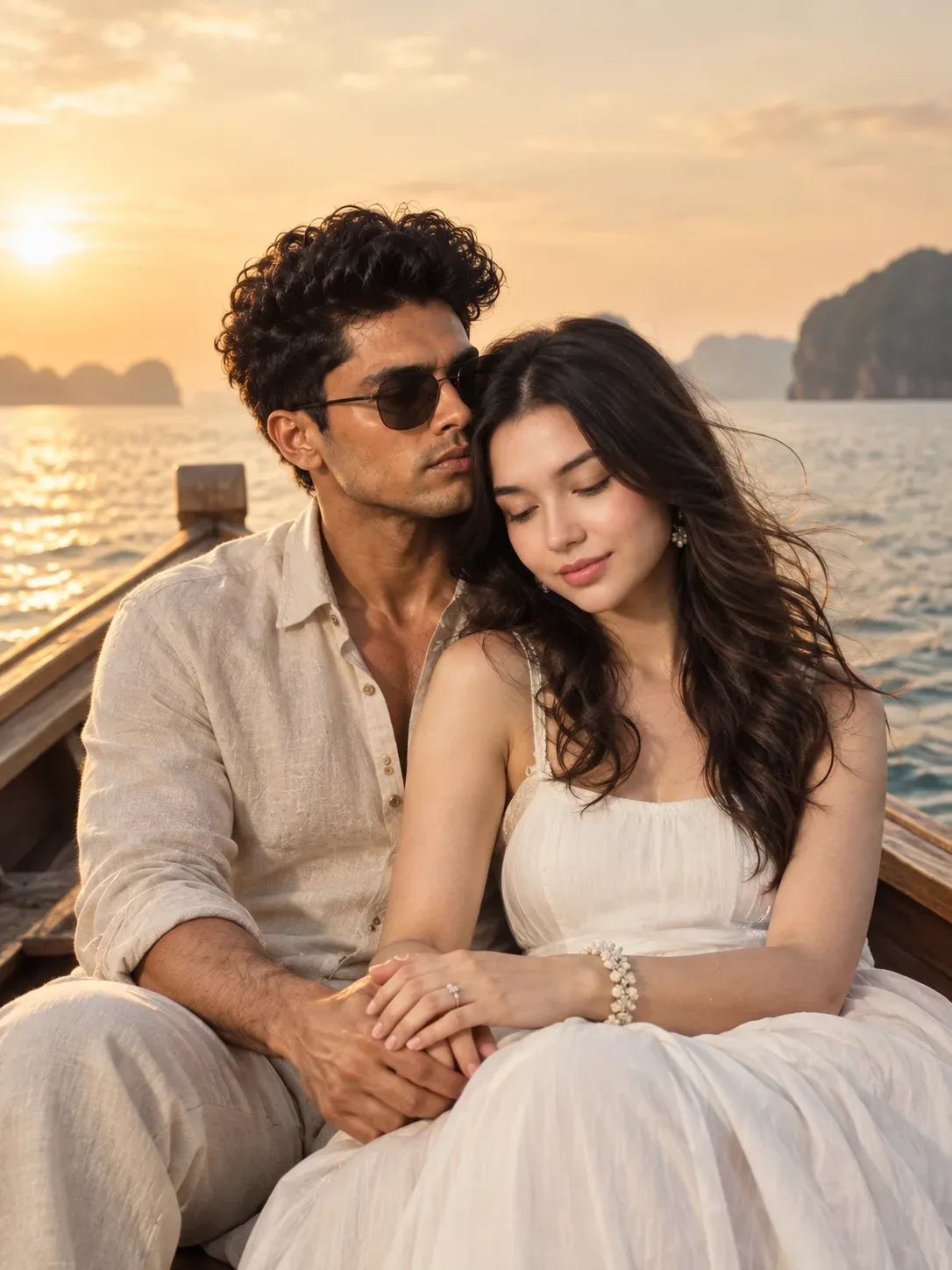 Photorealistic Vertical Portrait Of An Intimate Couple Seated In The Bow Of A Wooden Boat AI Photo Prompt preview example result