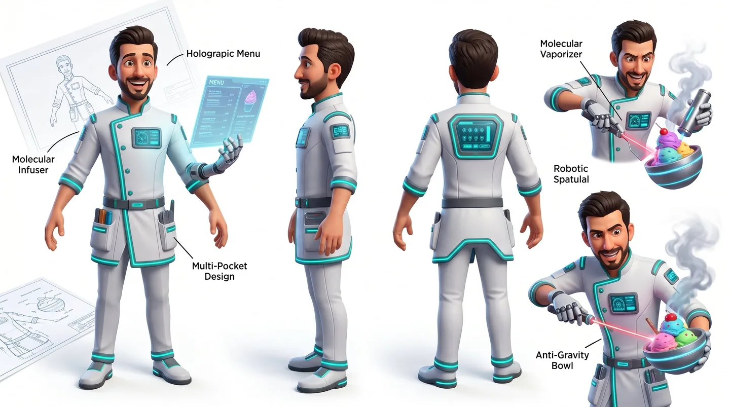 Pixar-Inspired Futuristic Dessert Scientist Chef Character Sheet AI Photo Prompt generated preview