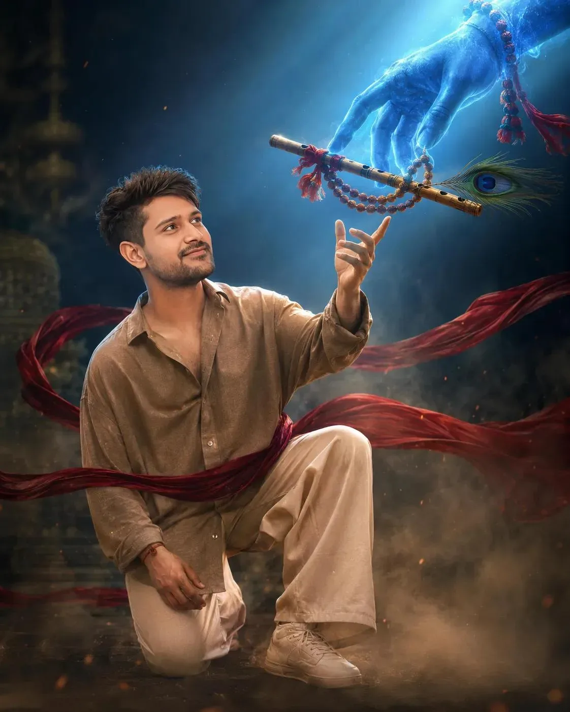 Portrait Of Kneeling Man And Divine Blue Hand With Bansuri Flute AI Photo Prompt preview example result