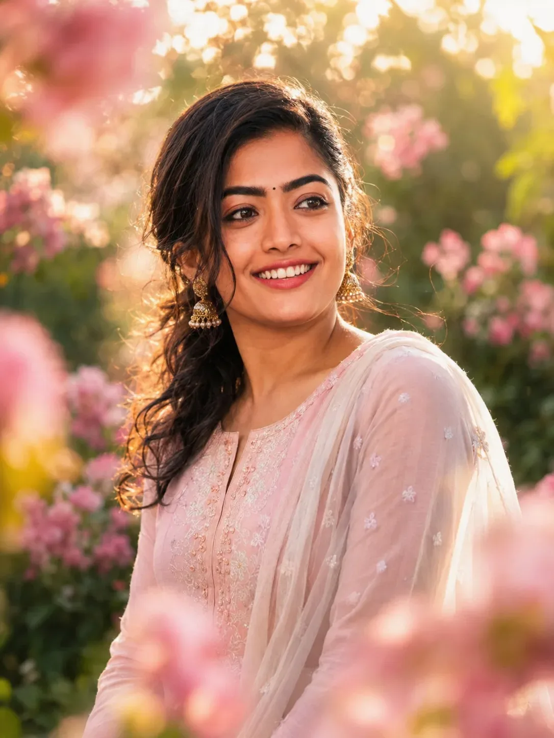 Portrait Of Young Indian Woman In Dreamy Flower Garden AI Photo Prompt preview example result