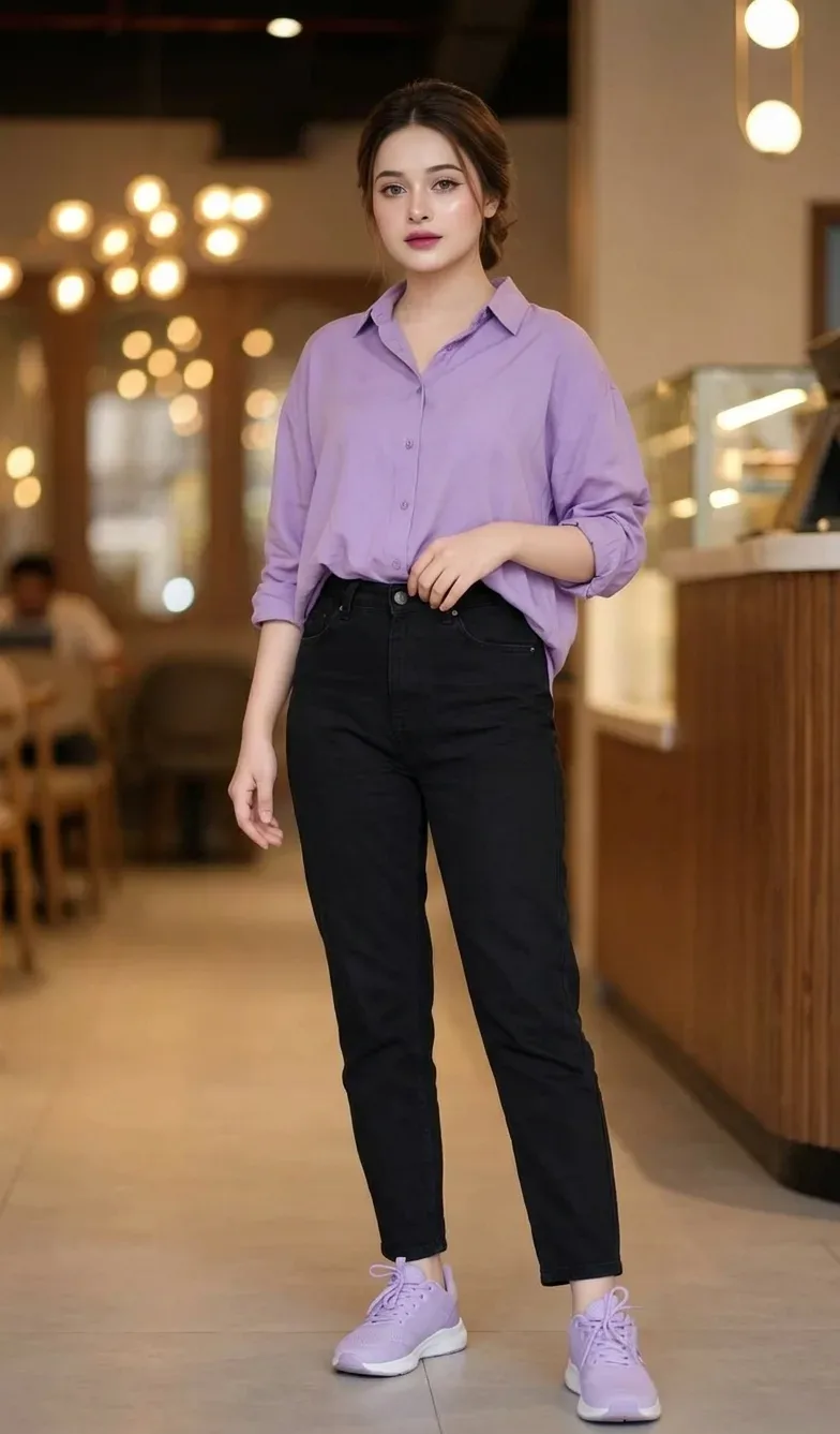 Purple And Black Gens Cafe Look AI Photo Prompt preview example result