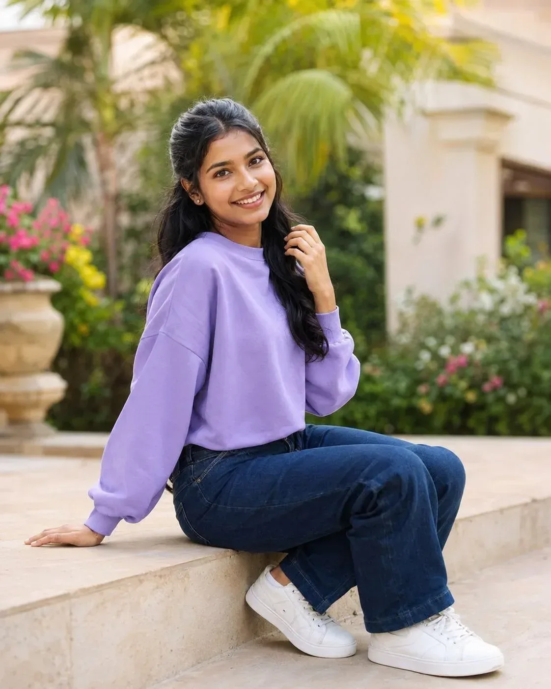 Radiant Young South Asian Woman In Lavender Sweatshirt & Dark Denim Portrait AI Photo Prompt preview example result