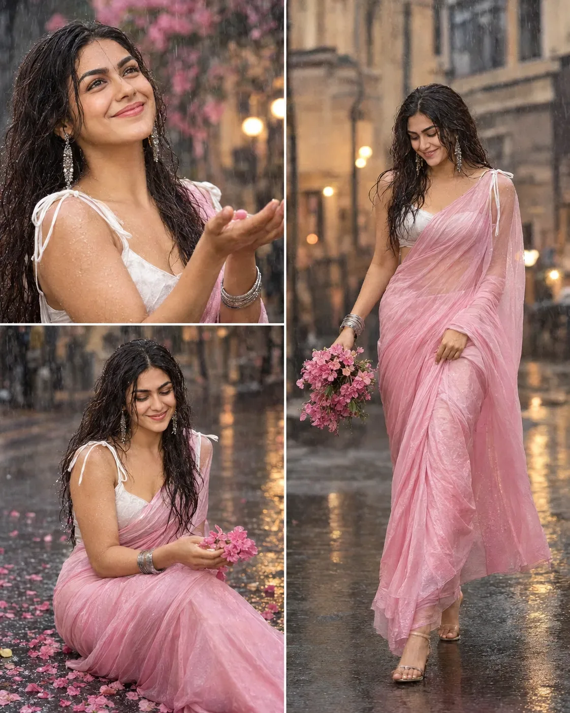 Rainy Day Pink Saree Cinematic Portrait AI Photo Prompt preview example result
