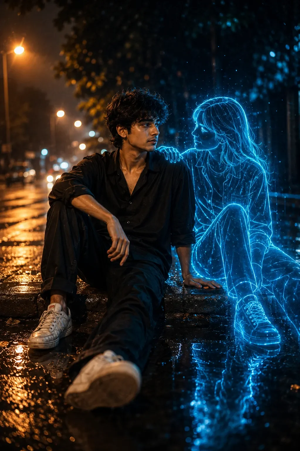 Rainy night with a glowing companion preview example result