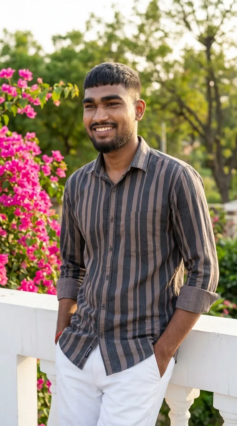 Realistic Smiling Male Portrait With Pink Flowers Backdrop AI Photo Prompt preview example result