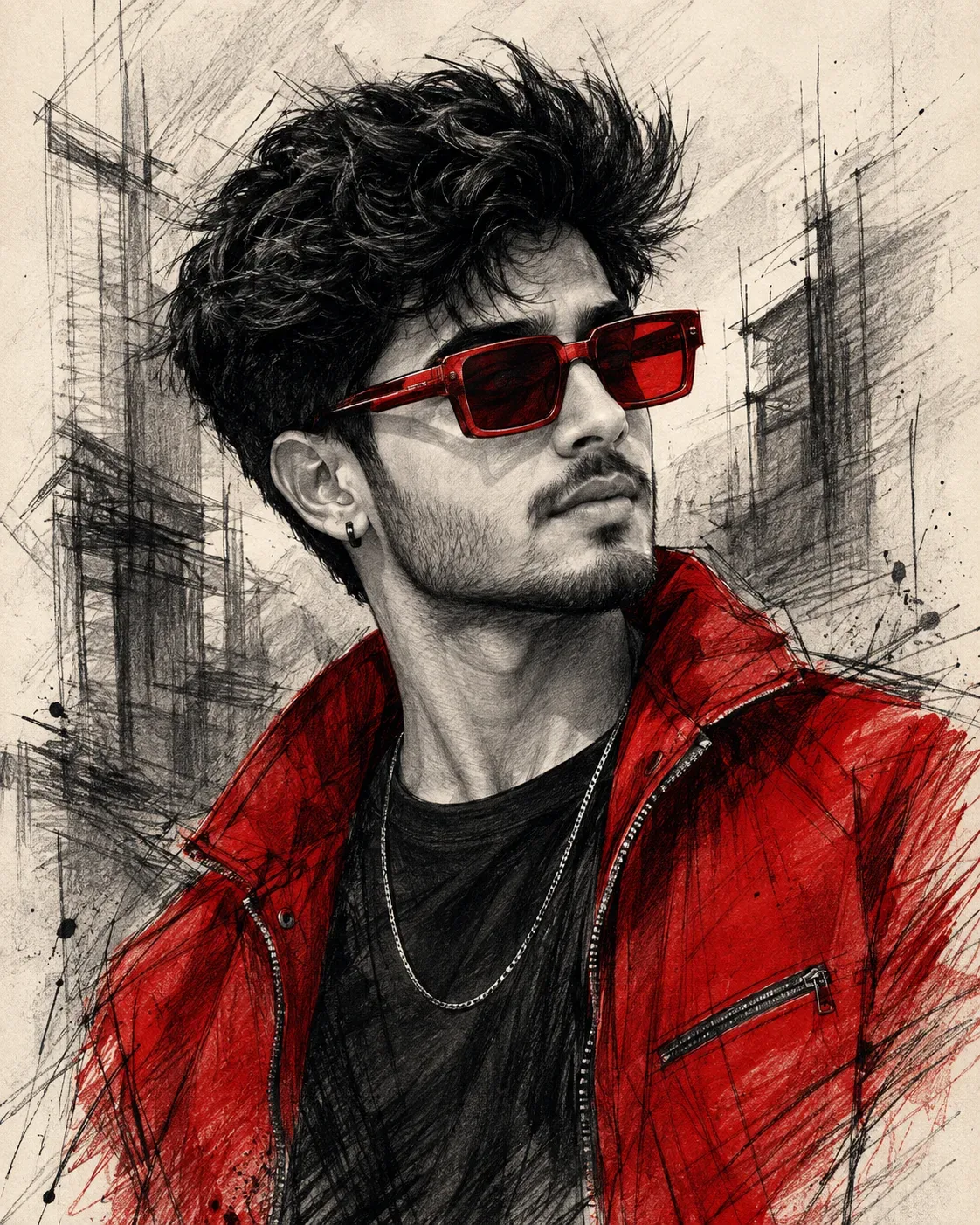 Red Accent Sketch Portrait AI Photo Prompt preview example result