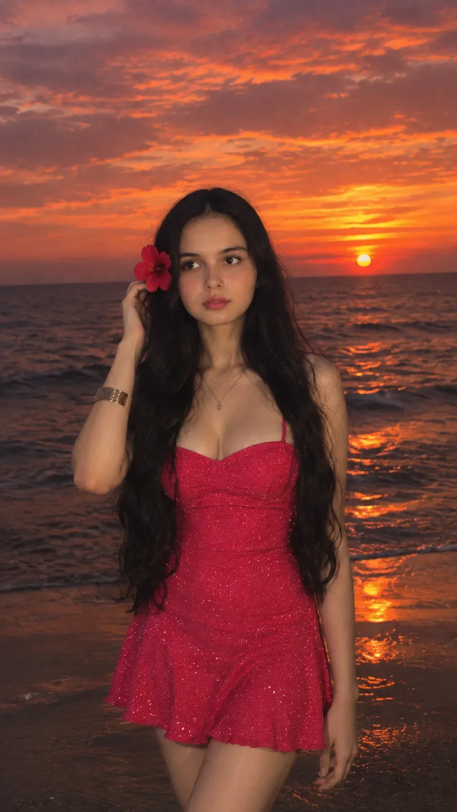 Red Flower Sunset- Cinematic Ocean Portrait AI Photo Prompt preview example result