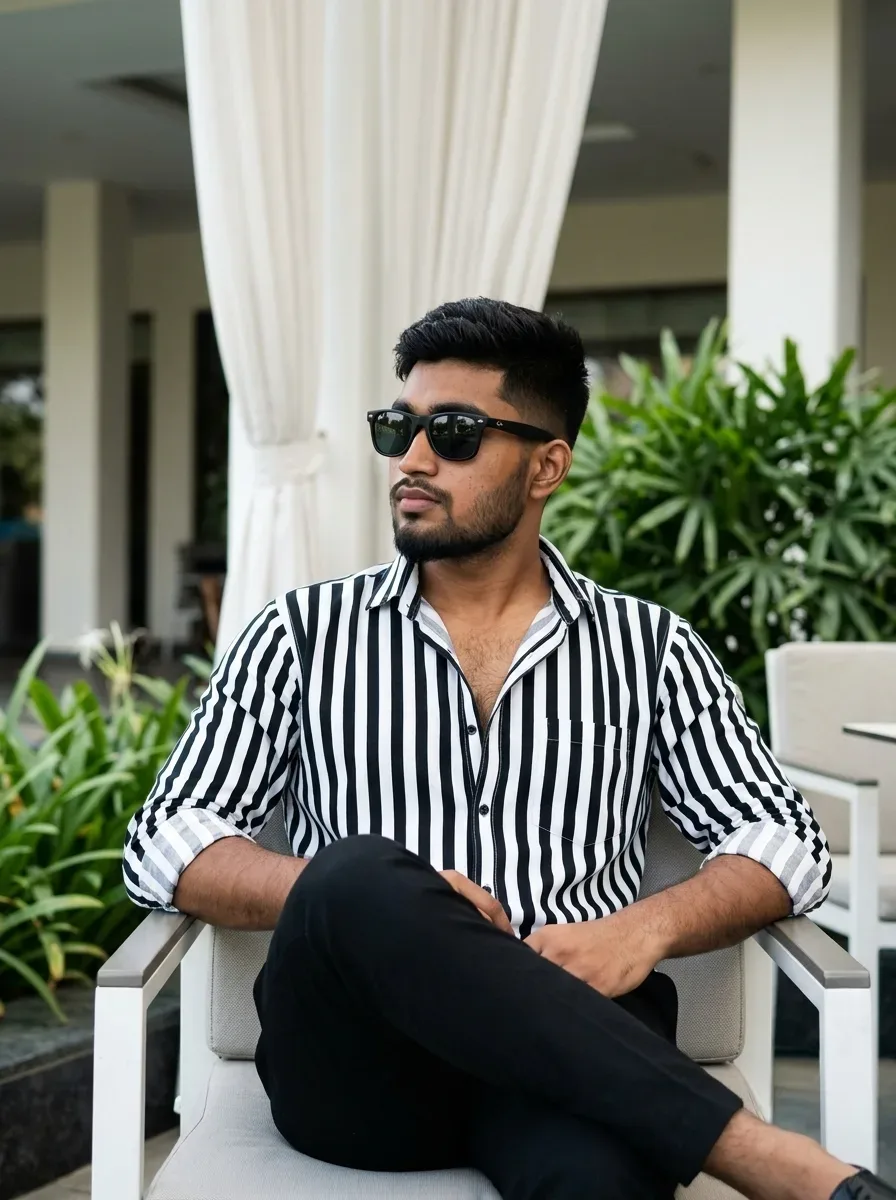 Resort Lounge Male Portrait In Vertical Striped Shirt & Wayfarer Shades AI Photo Prompt preview example result