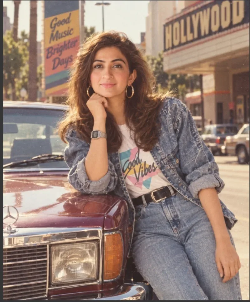 Retro 1980s Vintage Denim Hollywood Street Style AI Photo Prompt preview example result