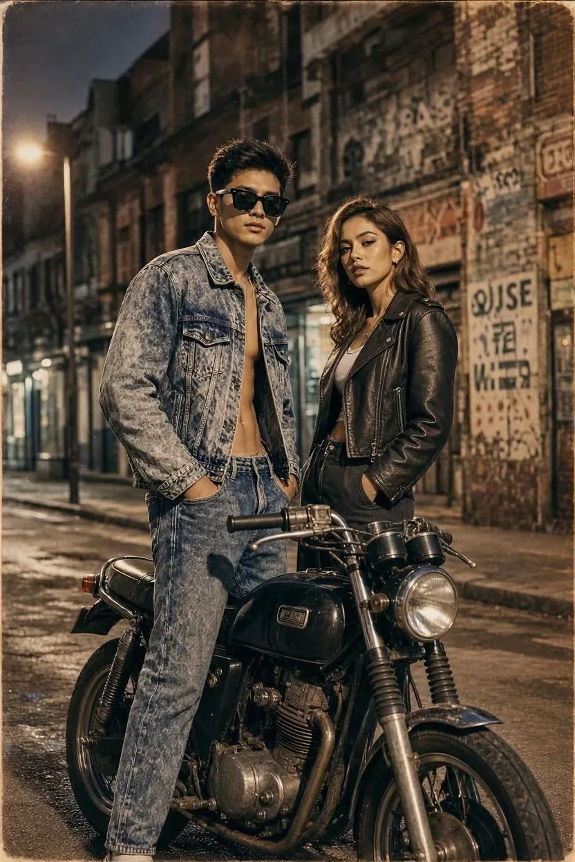 Retro Street Edge: Modern Grunge Duo With A 1990s Classic Motorcycle AI Photo Prompt preview example result
