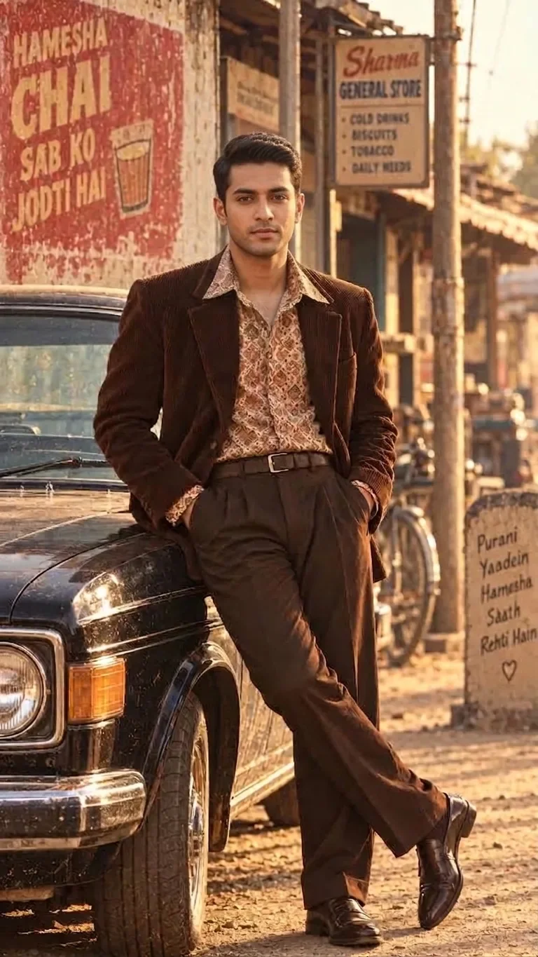 Retro Style Young Man Leaning on Vintage Car AI Photo Prompt preview example result