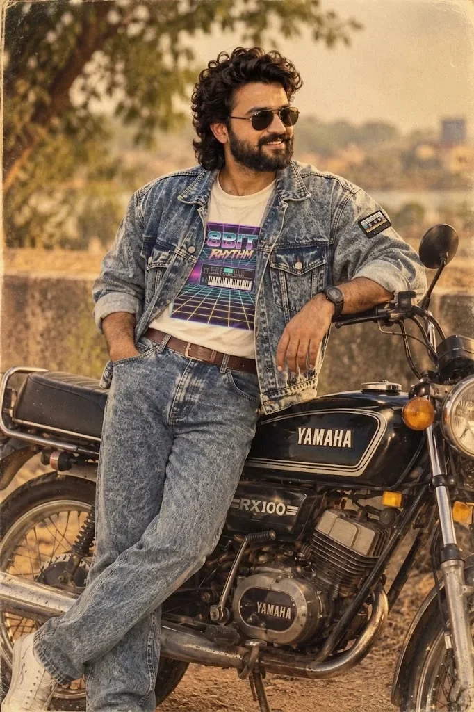 Retro Vibe: Man in Double Denim on a Classic Yamaha RX100 AI Photo Prompt preview example result