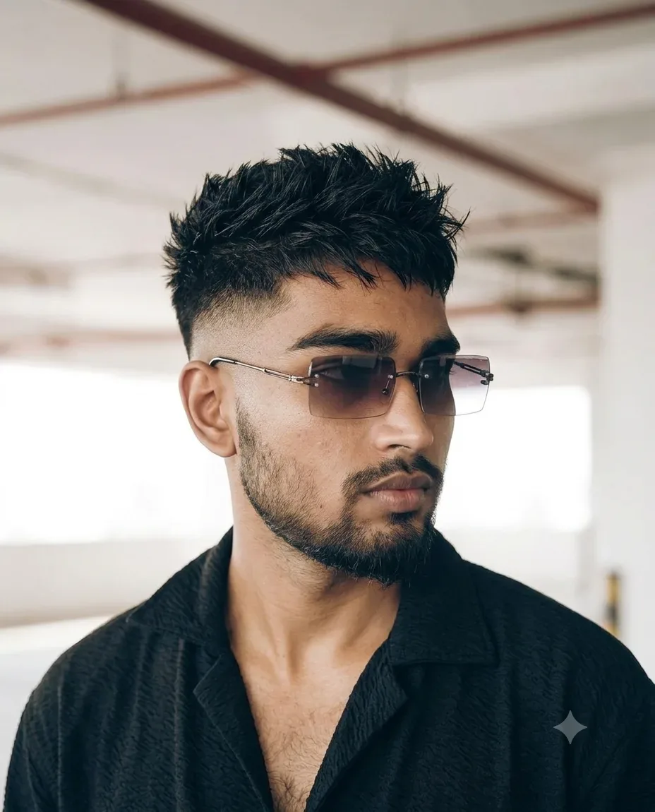 Rimless Sunglasses Male Close-up Portrait With Spiky Textured Fade AI Photo Prompt preview example result