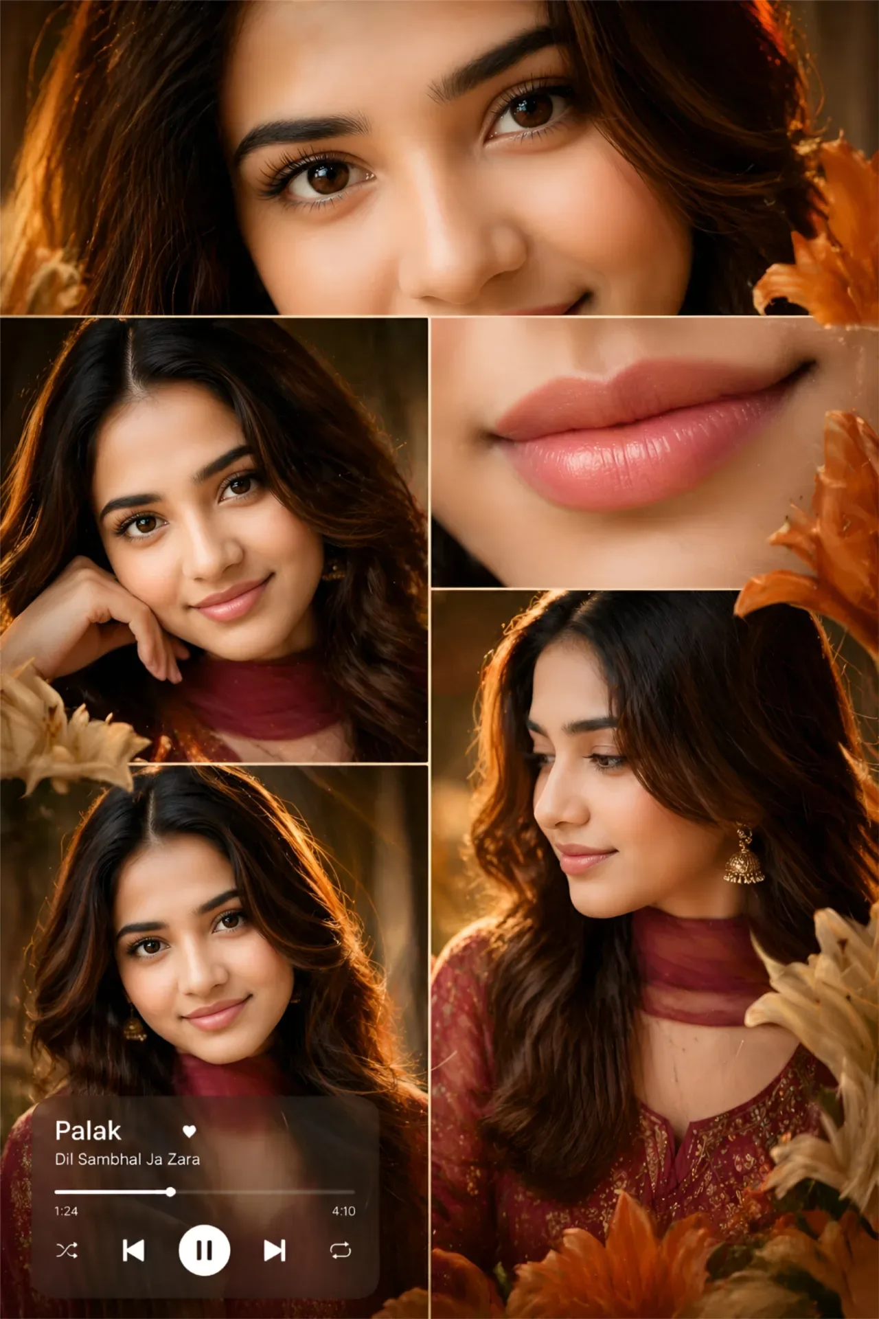 Romantic Aesthetic Scrapbook Collage Of A South Asian Woman With Warm Lighting, Orange Floral Accents, And A Music Playe AI Photo Prompt preview example result