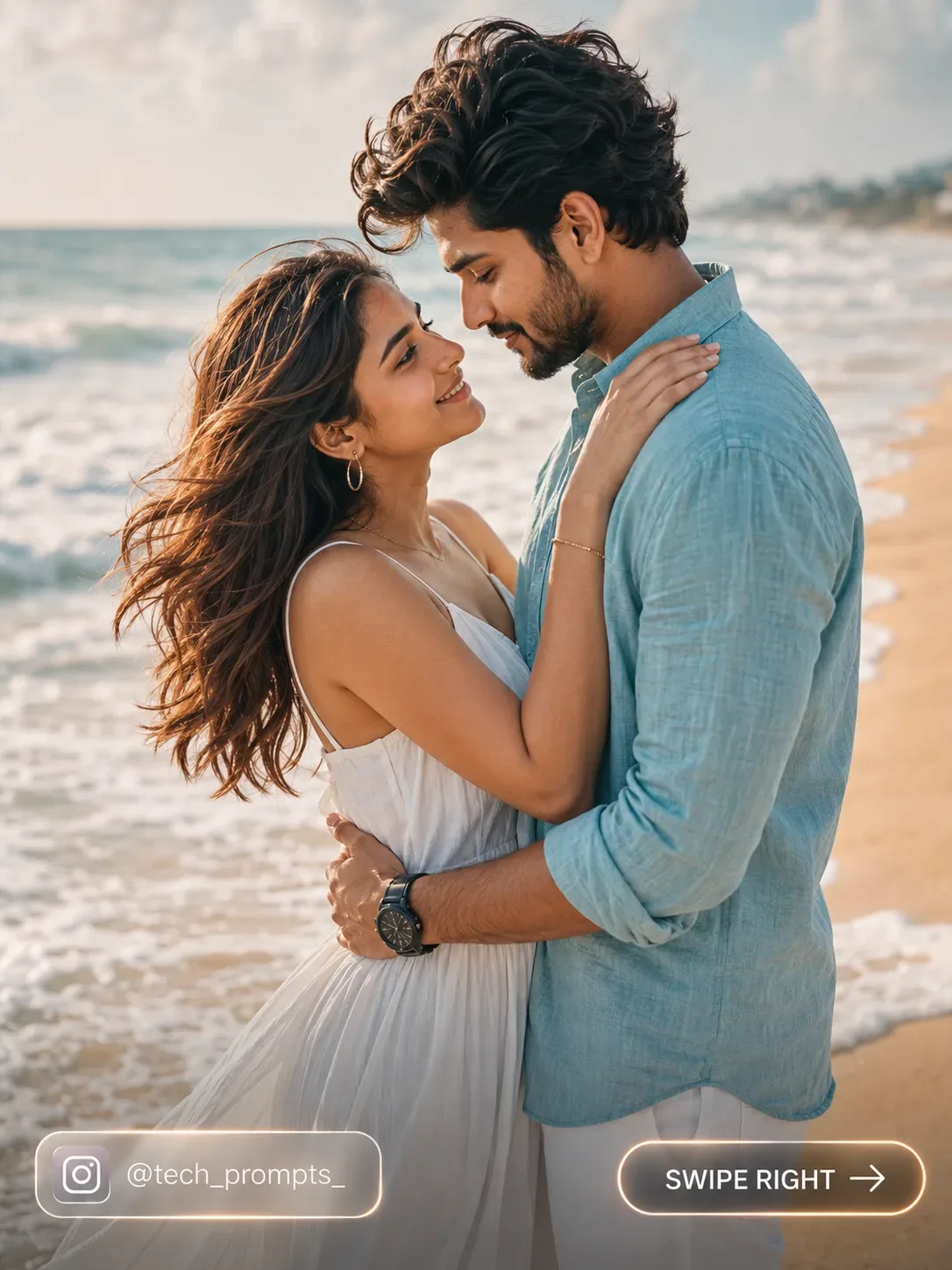 Romantic Candid Beach Couple Portrait AI Photo Prompt preview example result