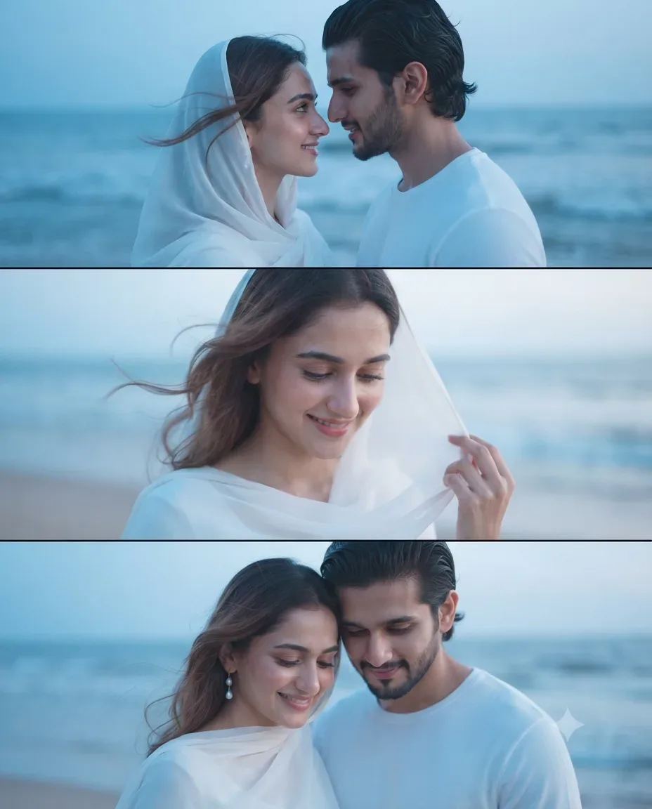 Romantic Cinematic Three Panel Portrait Of A Young Couple AI Photo Prompt preview example result