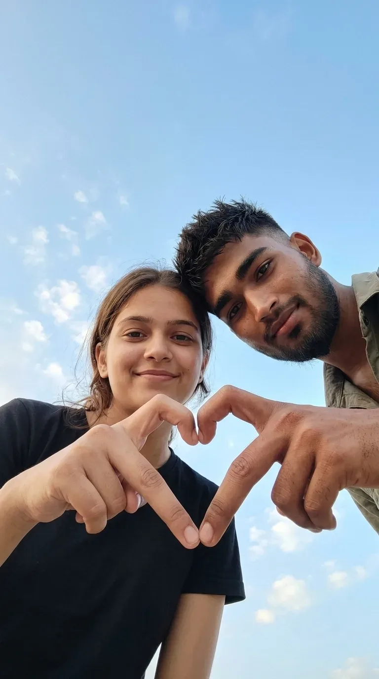Romantic Couple Low-angle Hand-heart Gesture Portrait Under Blue Sky AI Photo Prompt preview example result