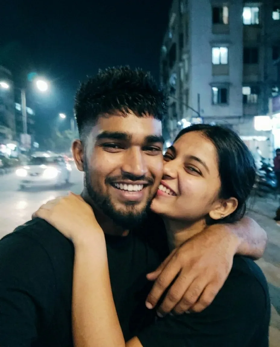 Romantic Night City Street Couple Selfie With Cheek Kiss AI Photo Prompt preview example result