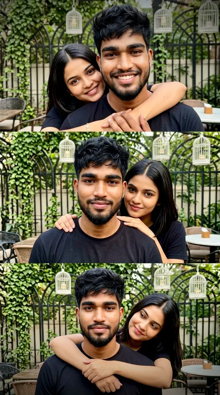 Romantic Outdoor Cafe Couple Portrait With Piggyback Hug In Matching Black T-shirts AI Photo Prompt preview example result