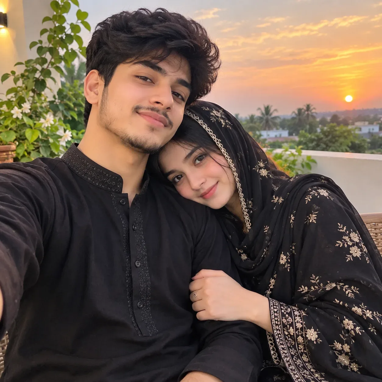 Romantic Sunset Couple Selfie AI Photo Prompt preview example result