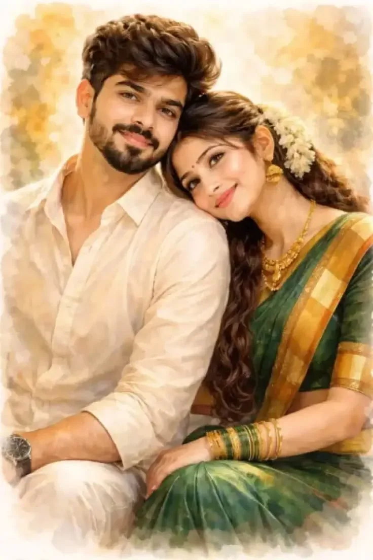 Romantic Watercolor Couple Portrait AI Photo Prompt preview example result