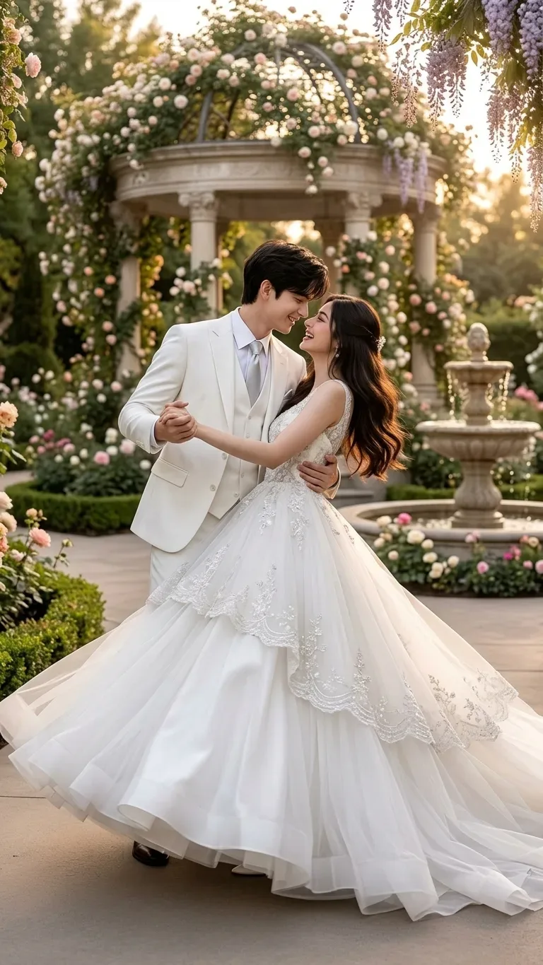 Romantic White Ballgown Twirl In Floral Garden AI Photo Prompt preview example result